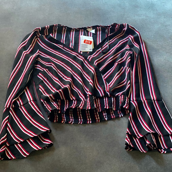 H&M Long Sleeve Stripe Crop Top with V neck plunge - Picture 1 of 2
